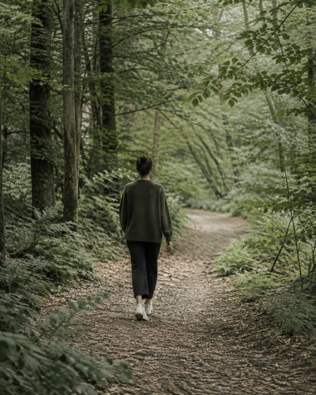 Pessoa caminhando tranquilamente por uma trilha na floresta